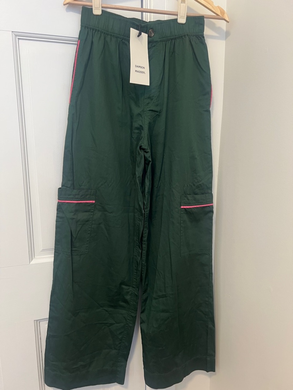 Women’s Forest Green Wide-Leg Pants with Pink Trim